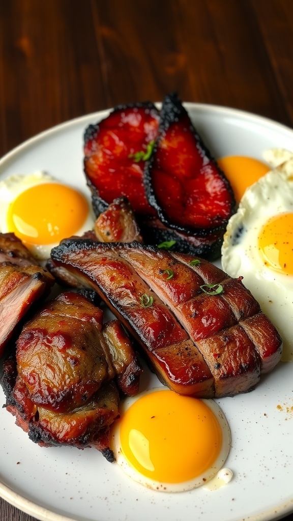 A hearty carnivore meal with ribeye steak, pork belly, and fried eggs on a rustic wooden table.